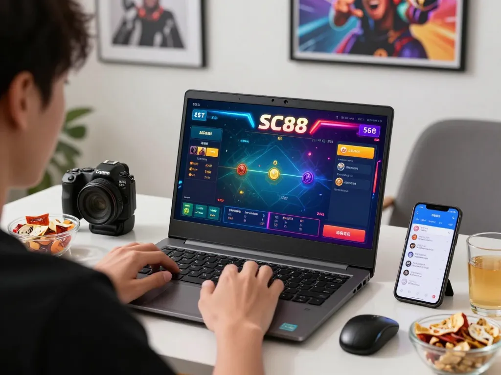 Player enjoying SC88 online betting experience with laptop and snacks.