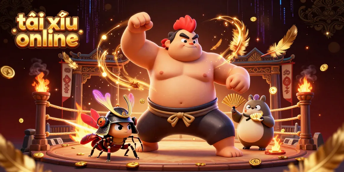 Unleash your luck with this vibrant tài xỉu online scene featuring a formidable sumo wrestler and fierce samurai cricket.