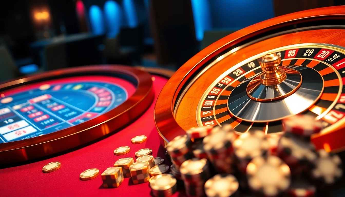 Lô đề uy tín action at a luxurious casino table featuring poker chips and a roulette wheel