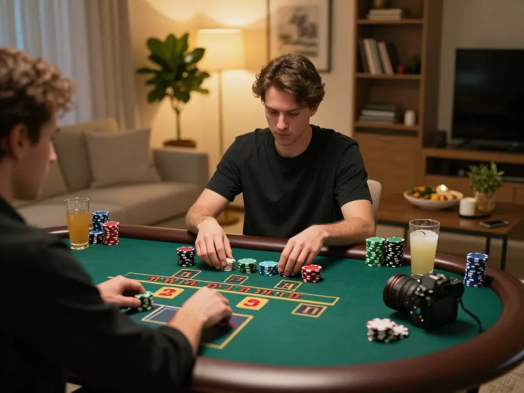 Engaged player experiencing TR88 online blackjack game in a cozy living room setting