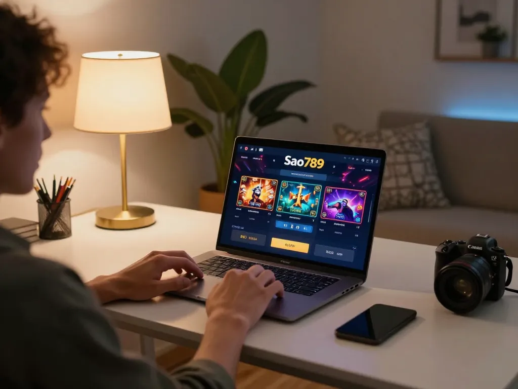 Sao789 online gambling experience with vibrant gaming interface and cozy home setup.