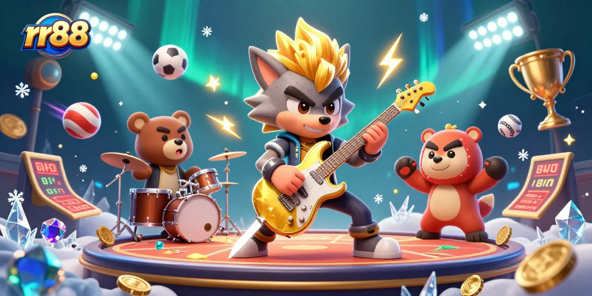 Experience the thrilling world of rr88 as a wolf rock star plays on a vibrant casino stage surrounded by dynamic gaming elements.