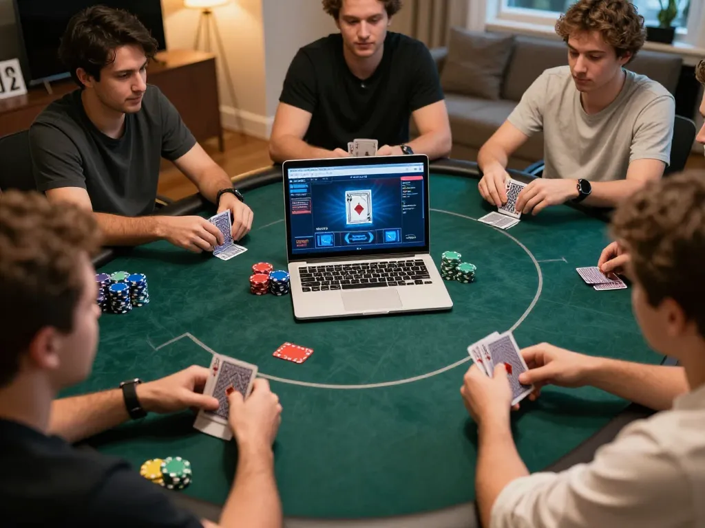 Players engage in an online poker game at home, showcasing the excitement of okfun gambling.