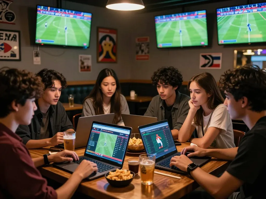 Friends engaging in keonhacai betting analysis at a sports bar with live matches