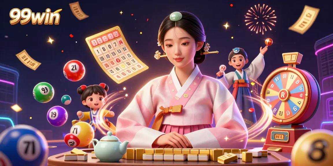 Engage with 99win's vibrant lottery atmosphere featuring traditional elements and energetic gaming visuals.