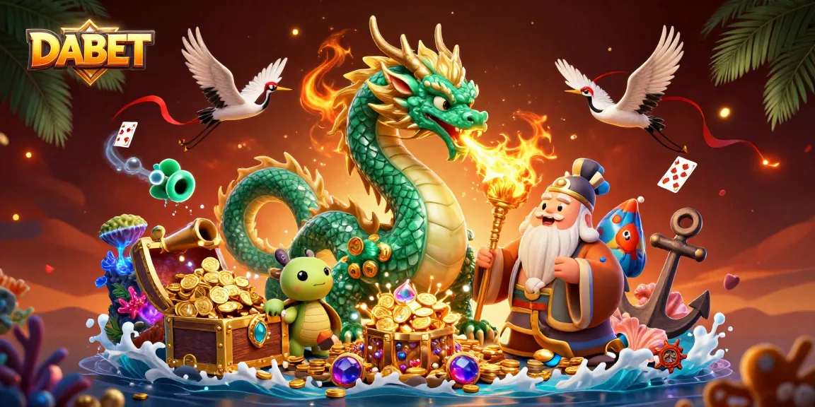 DABET features an emerald dragon and golden treasures amidst vibrant casino elements, showcasing luck and excitement.