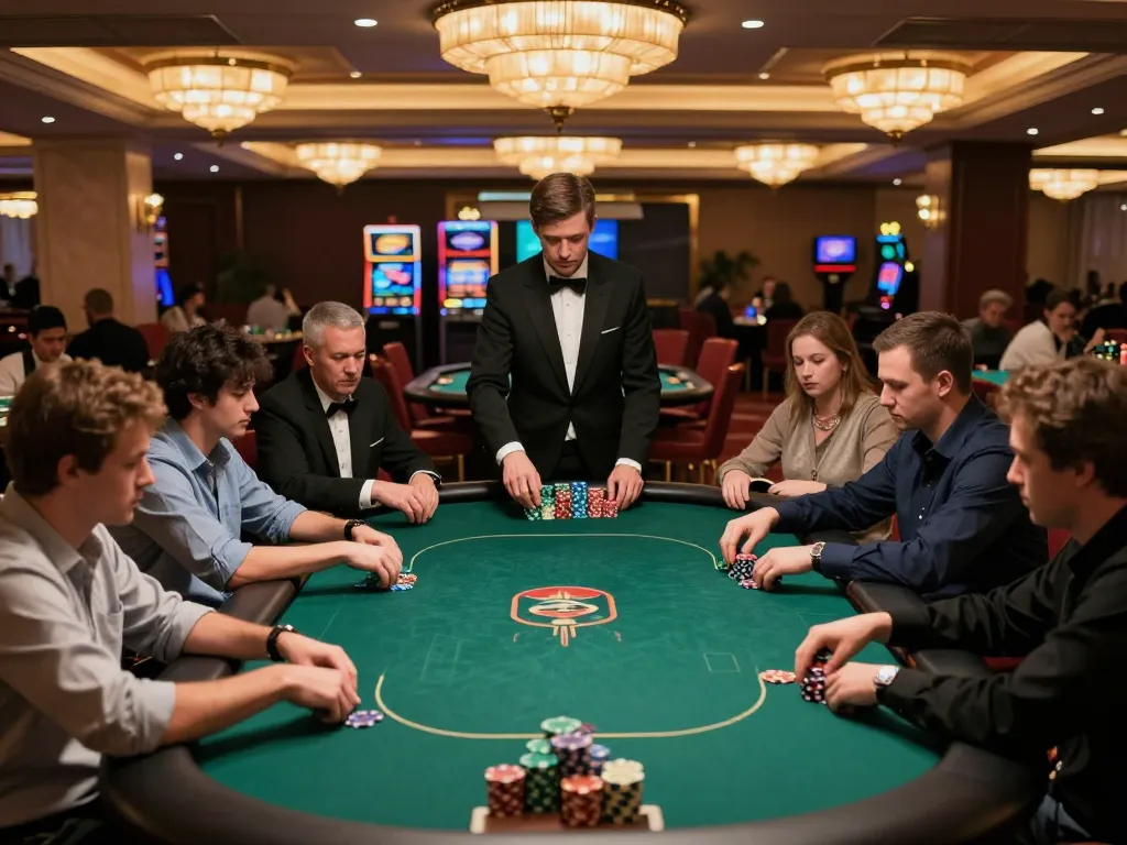 Bongdalu poker tournament highlighting players in action at a luxury casino, tension and strategy evident.