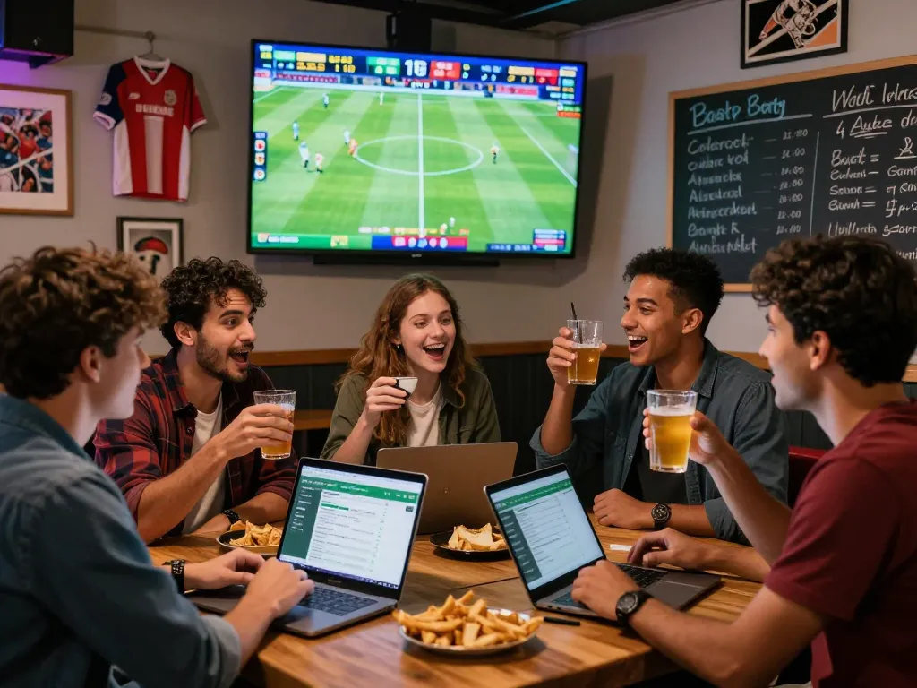 Excited friends watching kèo nhà cái odds in a lively sports bar during a live match.