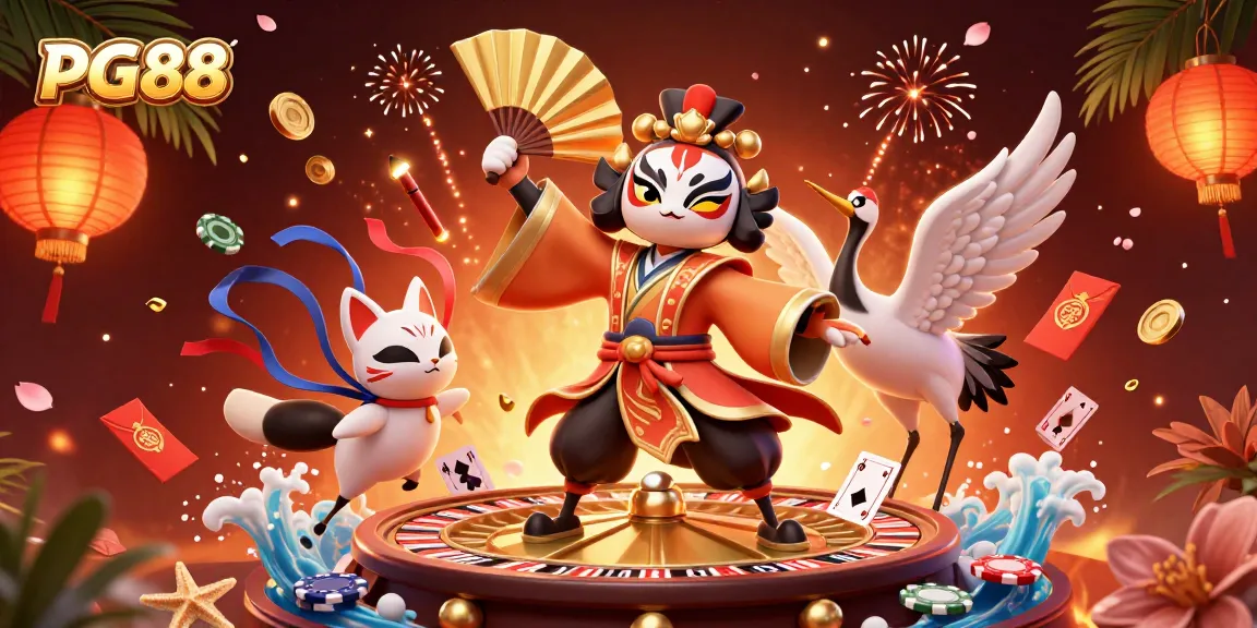 Experience the excitement of PG88 with a dynamic live casino scene featuring vibrant characters and gaming elements.