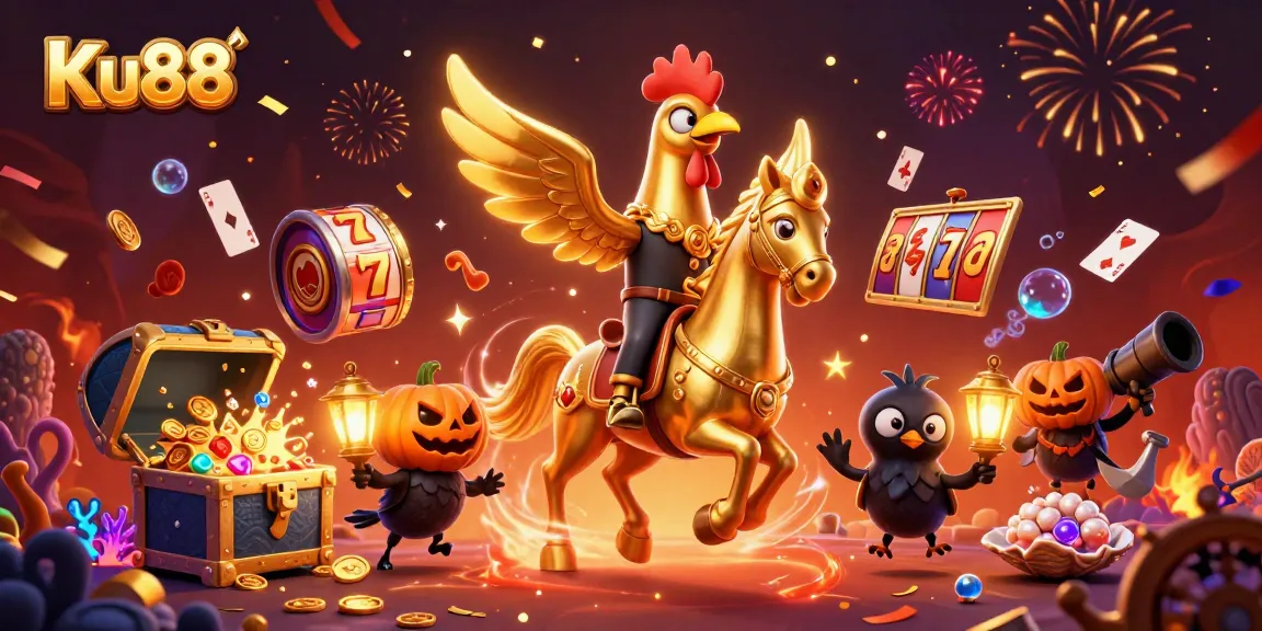 Experience exciting gaming action at Ku88 with a golden rooster and vibrant casino elements.