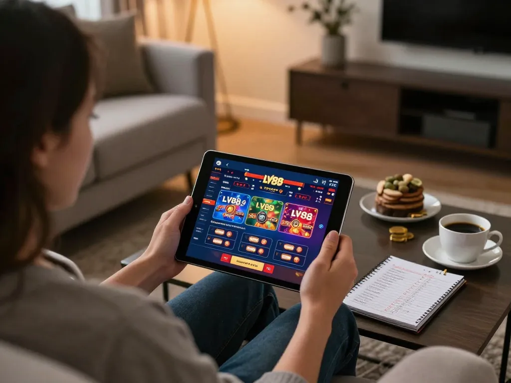Player engaging with LV88 casino on a tablet in a cozy home setting, showcasing responsible online gambling.
