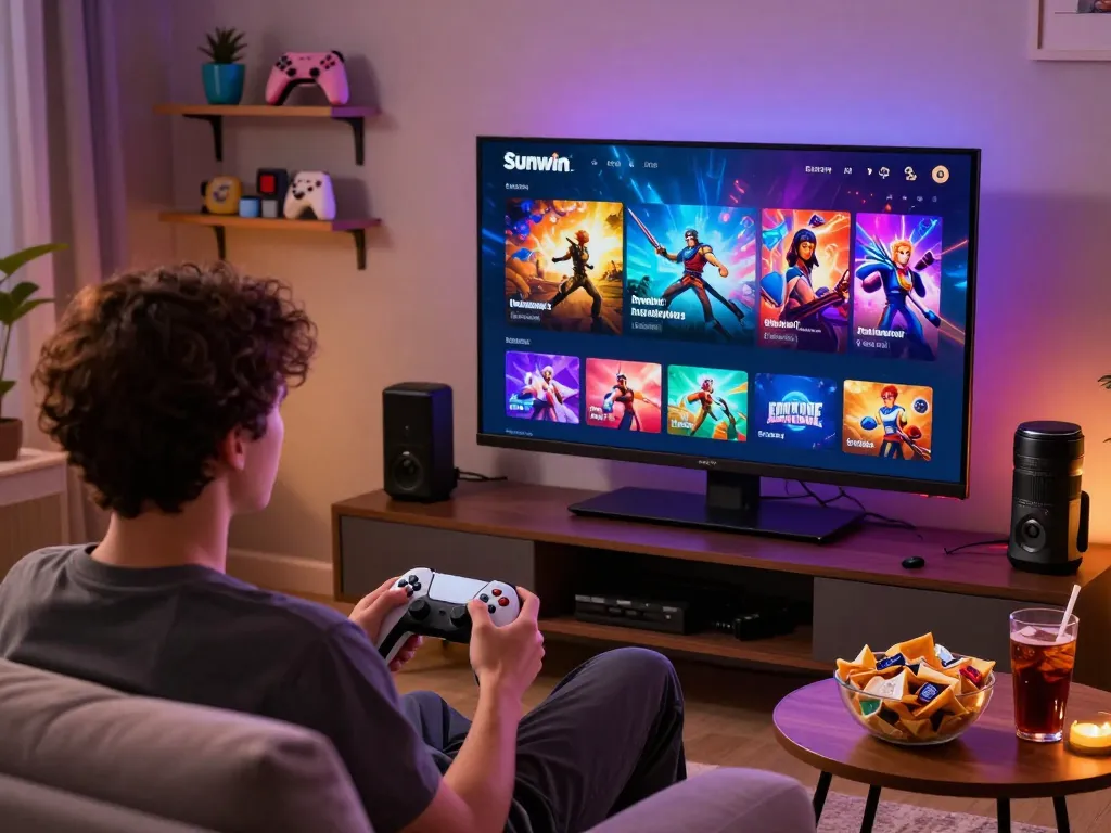 Sunwin online gaming platform featuring a user playing games in a cozy living room with vibrant graphics and snacks.