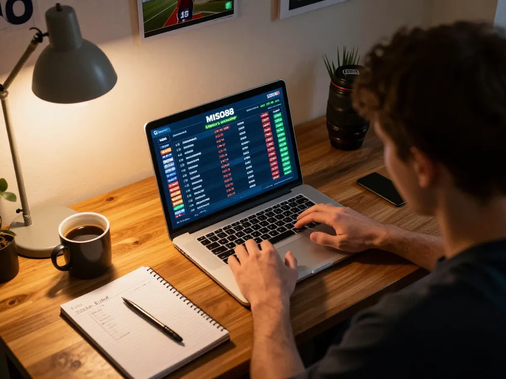 Betting live on MISO88 with a laptop, showcasing dynamic sports statistics and warm ambiance.