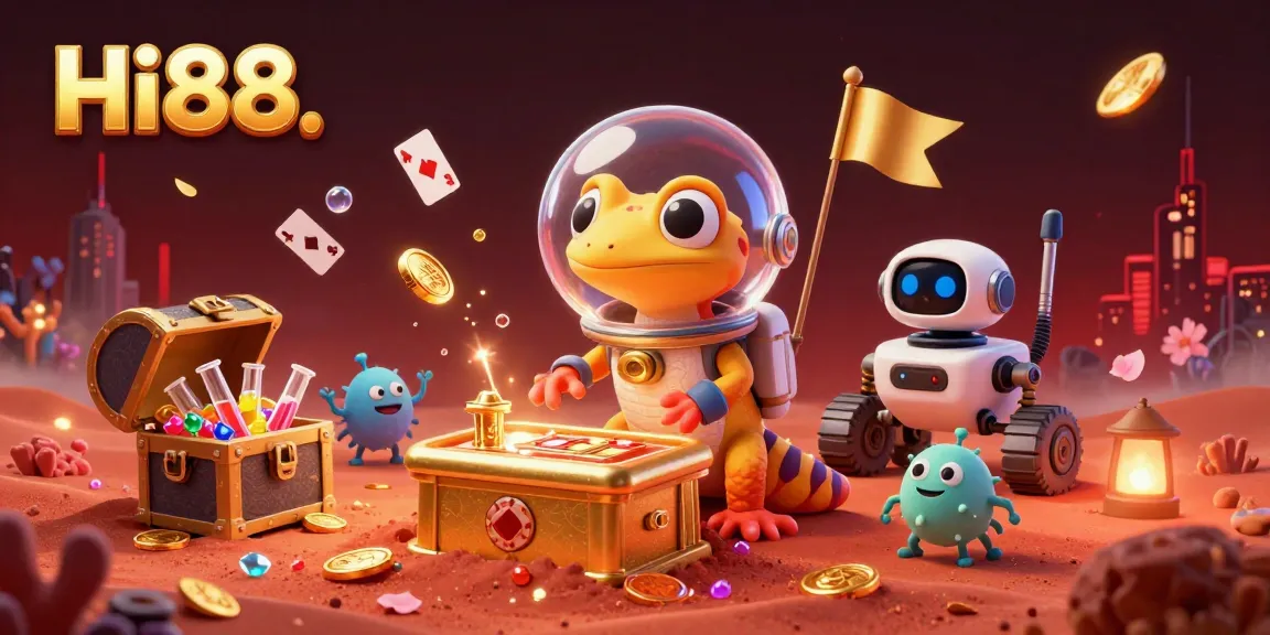 Engage with Hi88’s vibrant Martian casino adventure featuring a playful gecko and alien characters in a cosmic landscape.