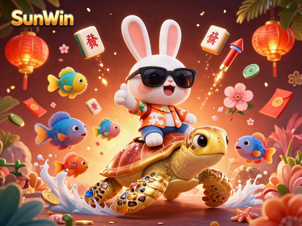 Experience SunWin's vibrant gaming world with a lucky rabbit and golden sea turtle illustration.