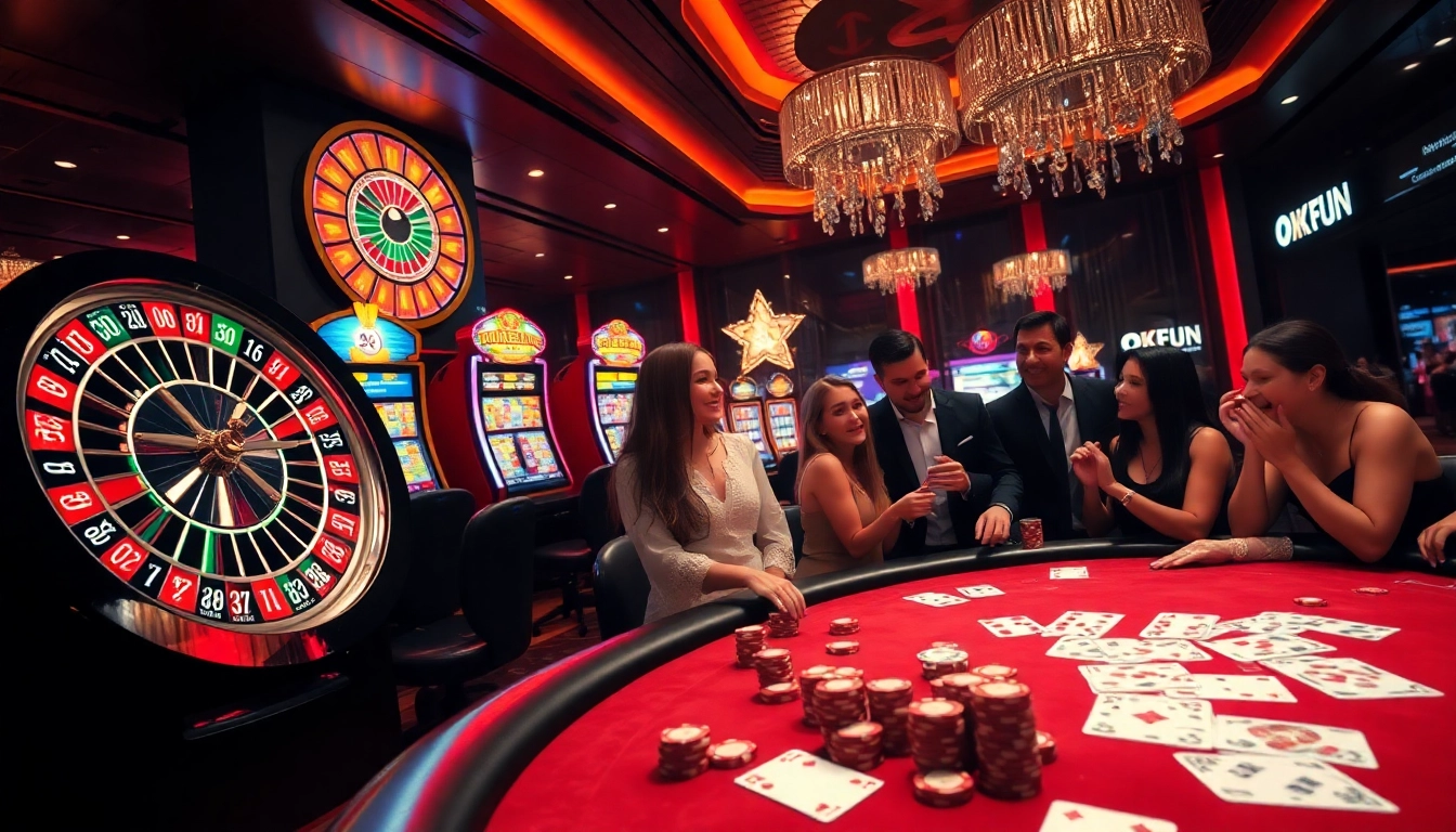 Players enjoying their luck at OKFUN casino with a vibrant roulette wheel and poker table.