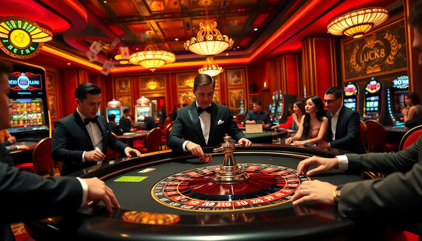 Luck8 players enjoying a thrilling casino experience at a vibrant roulette table surrounded by excitement.