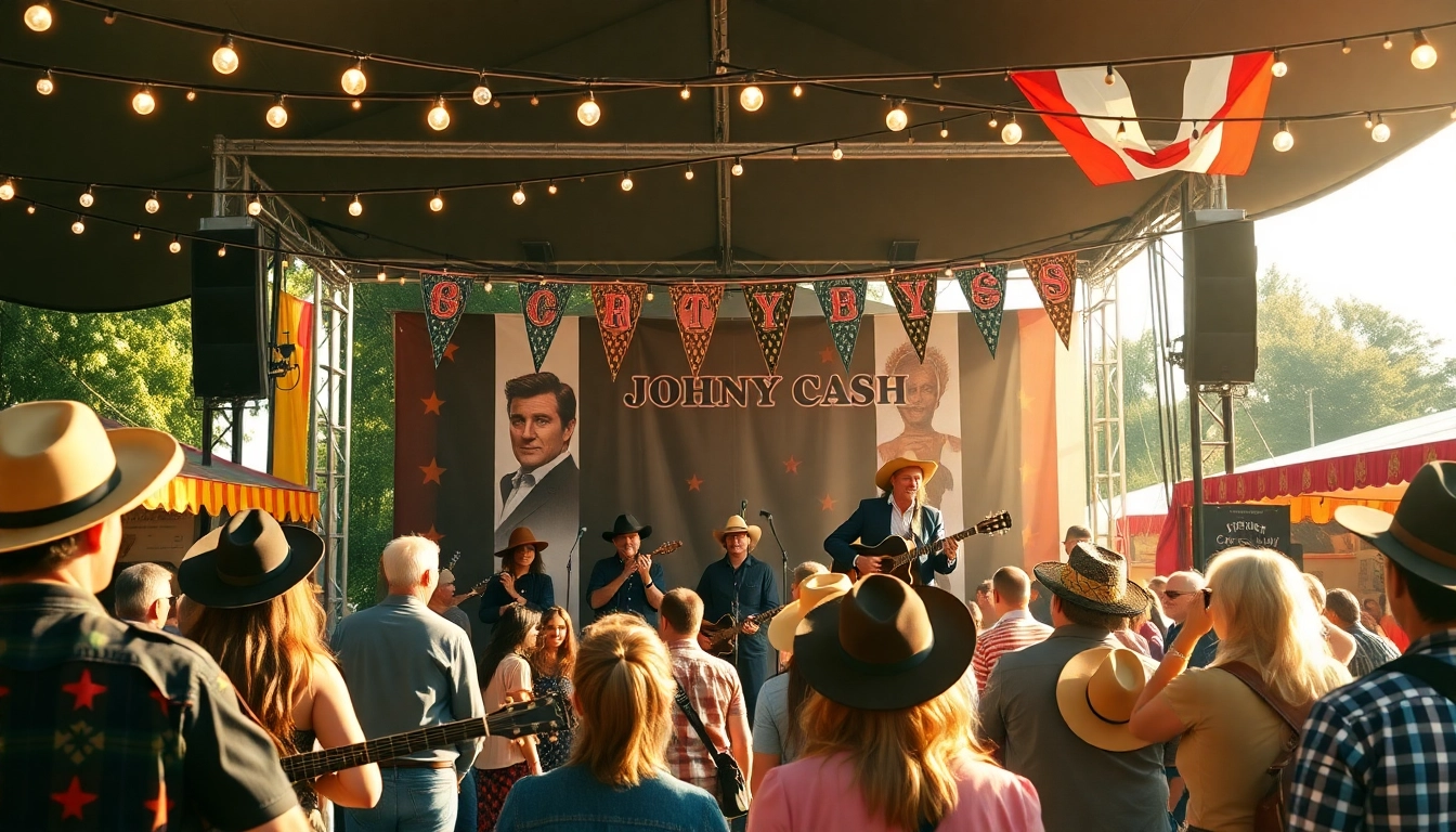 Dynamic scene from the johnnycashbirthday.com celebration with live music, festive atmosphere, and vintage decor.