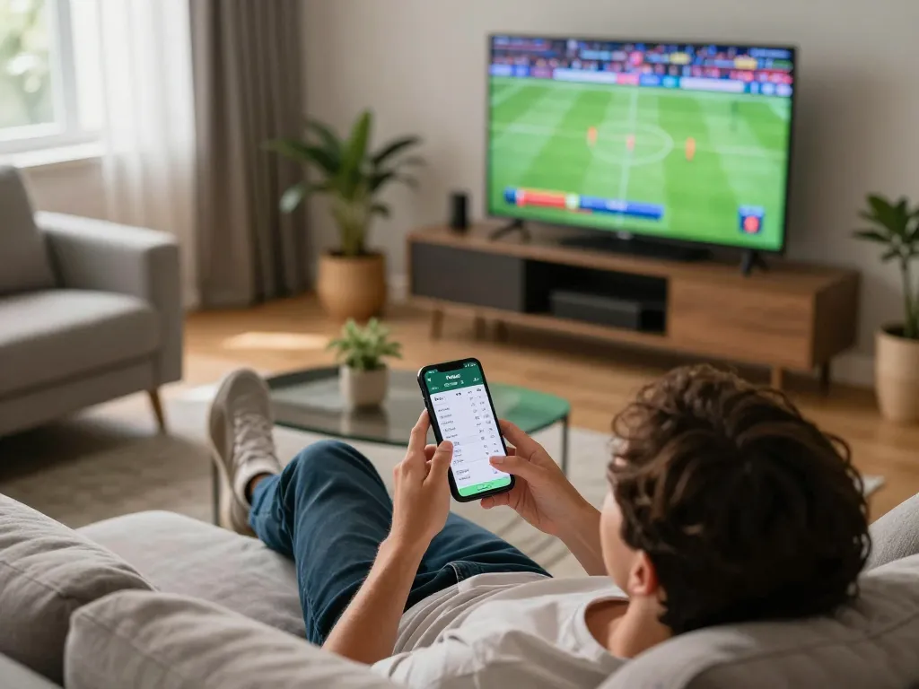 Fabet app showing live betting odds on smartphone in a cozy home setting.