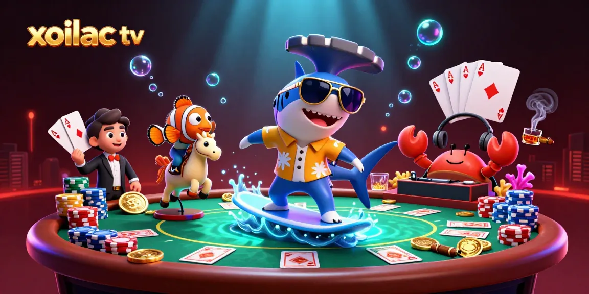 Catch the action with xoilac tv as a hammer-head shark surfs gold coins amidst a vibrant casino scene.