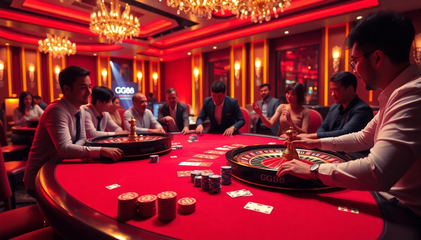 Experience thrilling gameplay at GG88 with a luxurious casino setting featuring poker tables and roulette wheels.