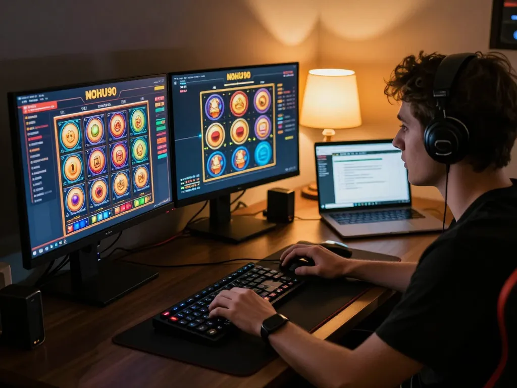 Player engaging with the NOHU90 online casino interface on dual screens during an exciting gaming session