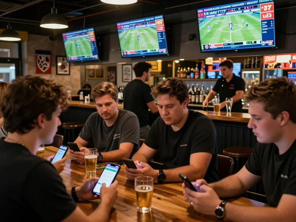 Bongdallu sports fans passionately engaging with live betting screens at a modern sports bar