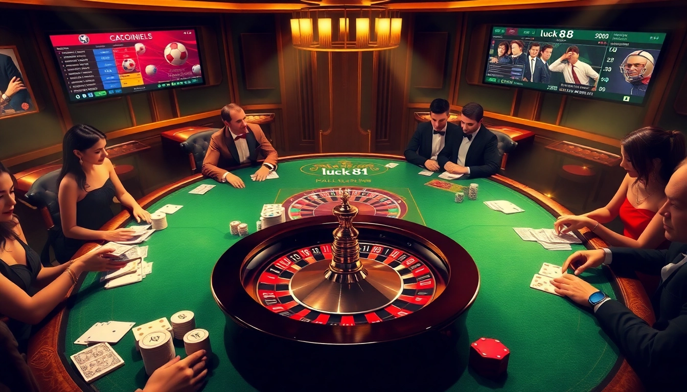 Engaged players at a luxury Luck 8 casino table enjoying high-stakes poker and roulette.