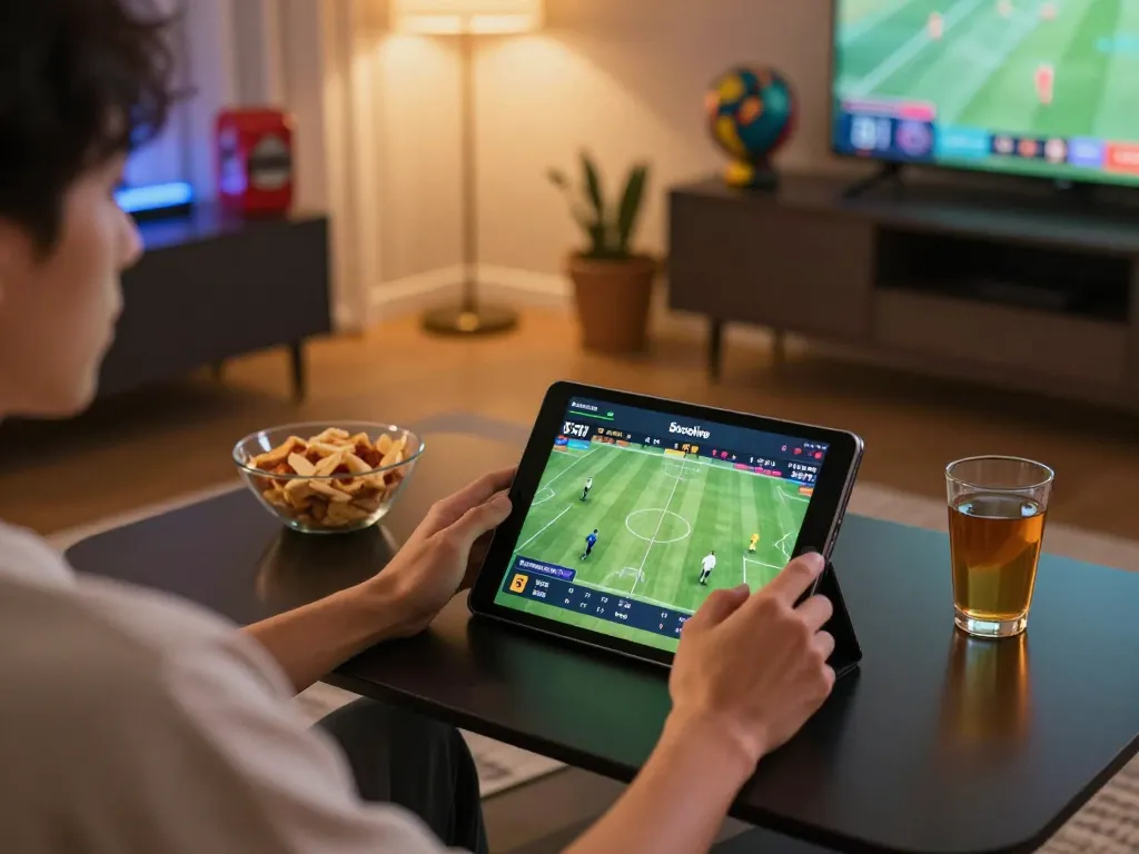 Socolive user engaging in online soccer betting on a tablet in a cozy setting.