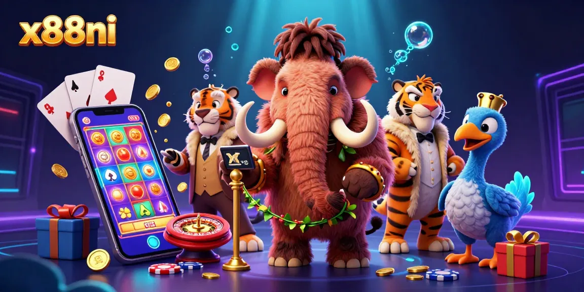 Experience the thrill of x88ni with a vibrant casino scene showcasing a woolly mammoth bouncer and exciting gaming elements.