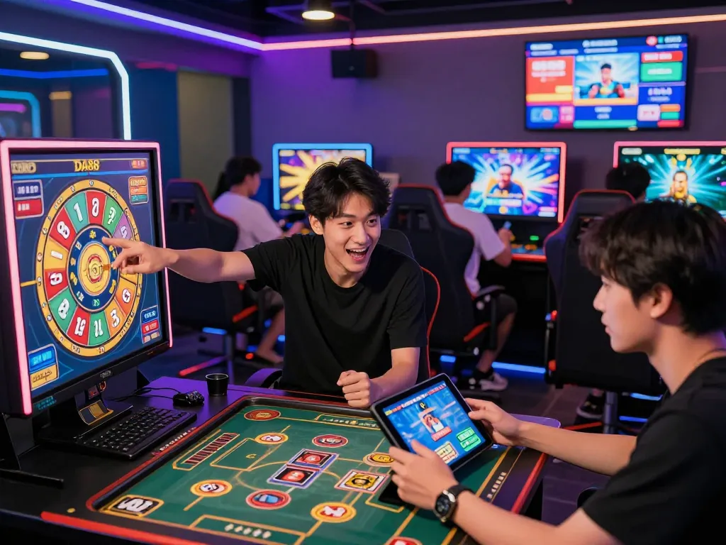 Diverse players enjoying various games on the DA88 platform in a vibrant, tech-savvy lounge setting.