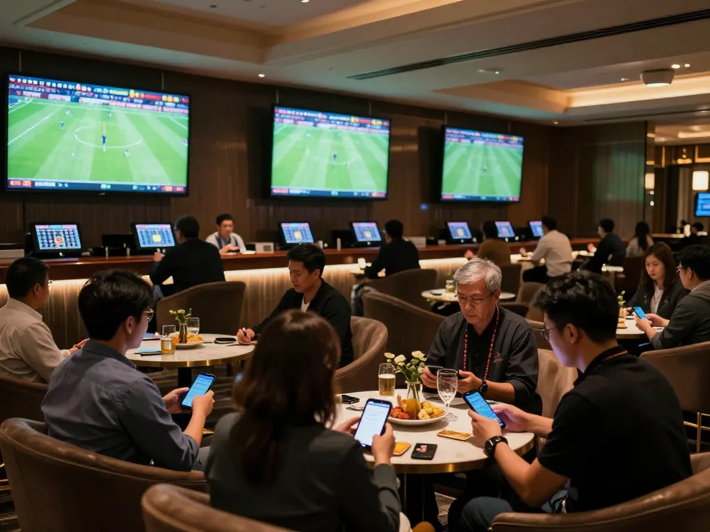 Engaging sports betting scene at nhandinhkeonhacai lounge with bettors focused on live games.