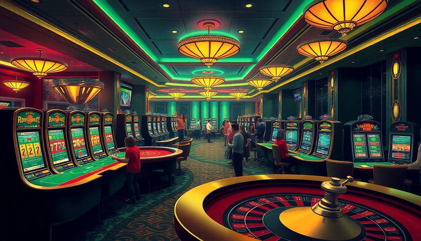 Immerse yourself in the MMOO GAME excitement with a luxurious casino scene featuring vibrant slot machines.