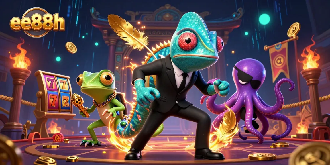 Play slots and win big with ee88h in a vibrant casino scene featuring colorful characters and game elements.