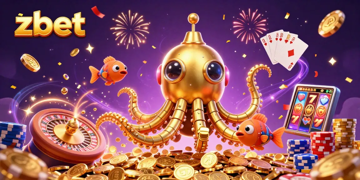 Zbet showcases a vibrant 3D scene with a golden kraken submarine amidst gambling riches, celebrating wins.
