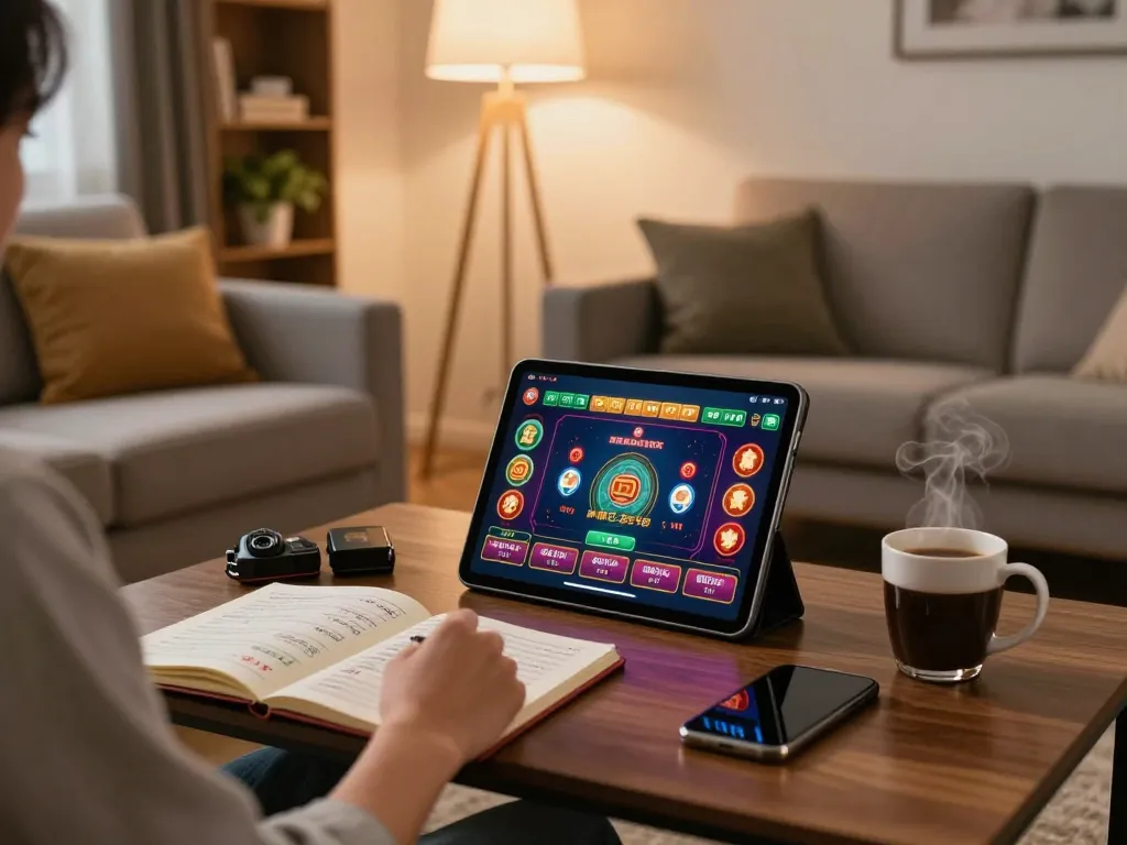 Player checking 9 Lotto 4D results on tablet at home with cozy decor, emphasizing responsible gaming.