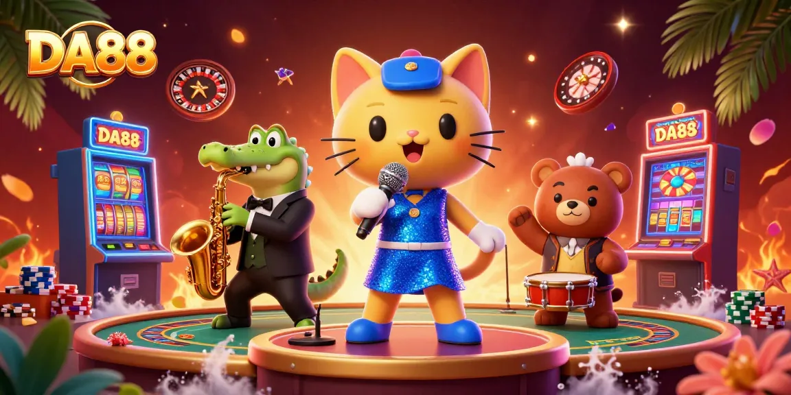 DA88 offers an exciting carnival of colors featuring cartoon characters celebrating casino life with vibrant elements.