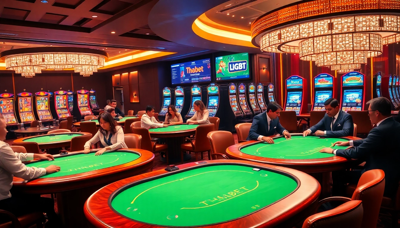 Excited players engaging in a poker game at Thabet casino under warm lights.