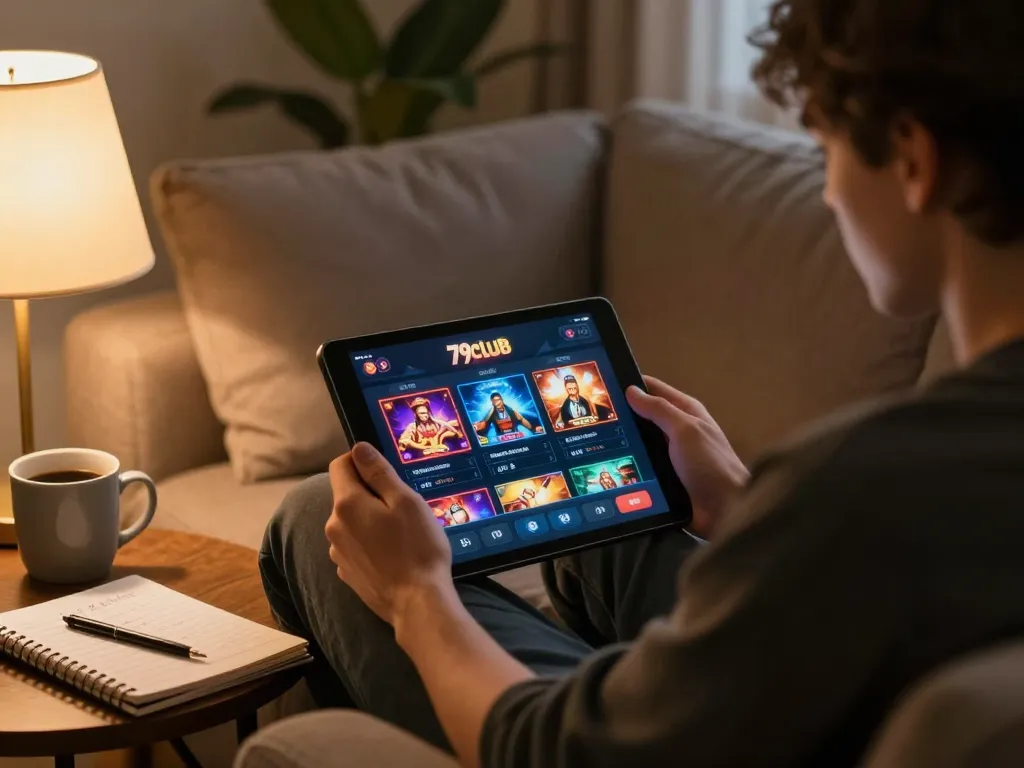 Engaging gameplay on the 79club app from the comfort of home, showcasing strategy notes and cozy surroundings