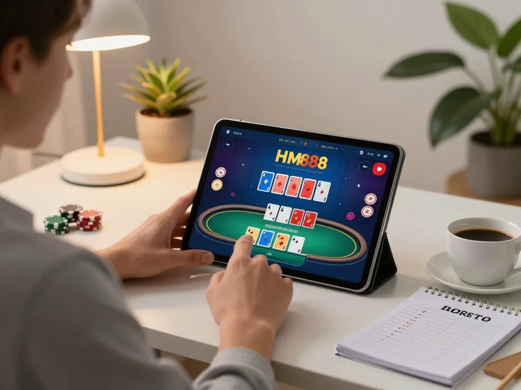 HM88 user enjoying online poker game on tablet with strategic notes in cozy home setup.