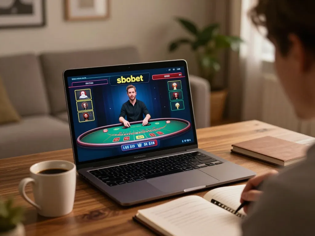 Player engaging with sbobet at home, using laptop for online blackjack gaming strategy.