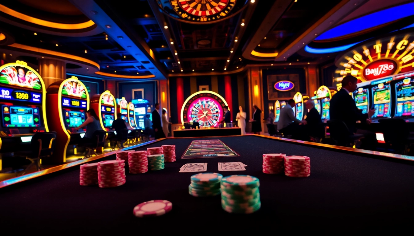 Enthusiastic gamblers enjoying the thrilling experience of Bay789 at a luxury casino.