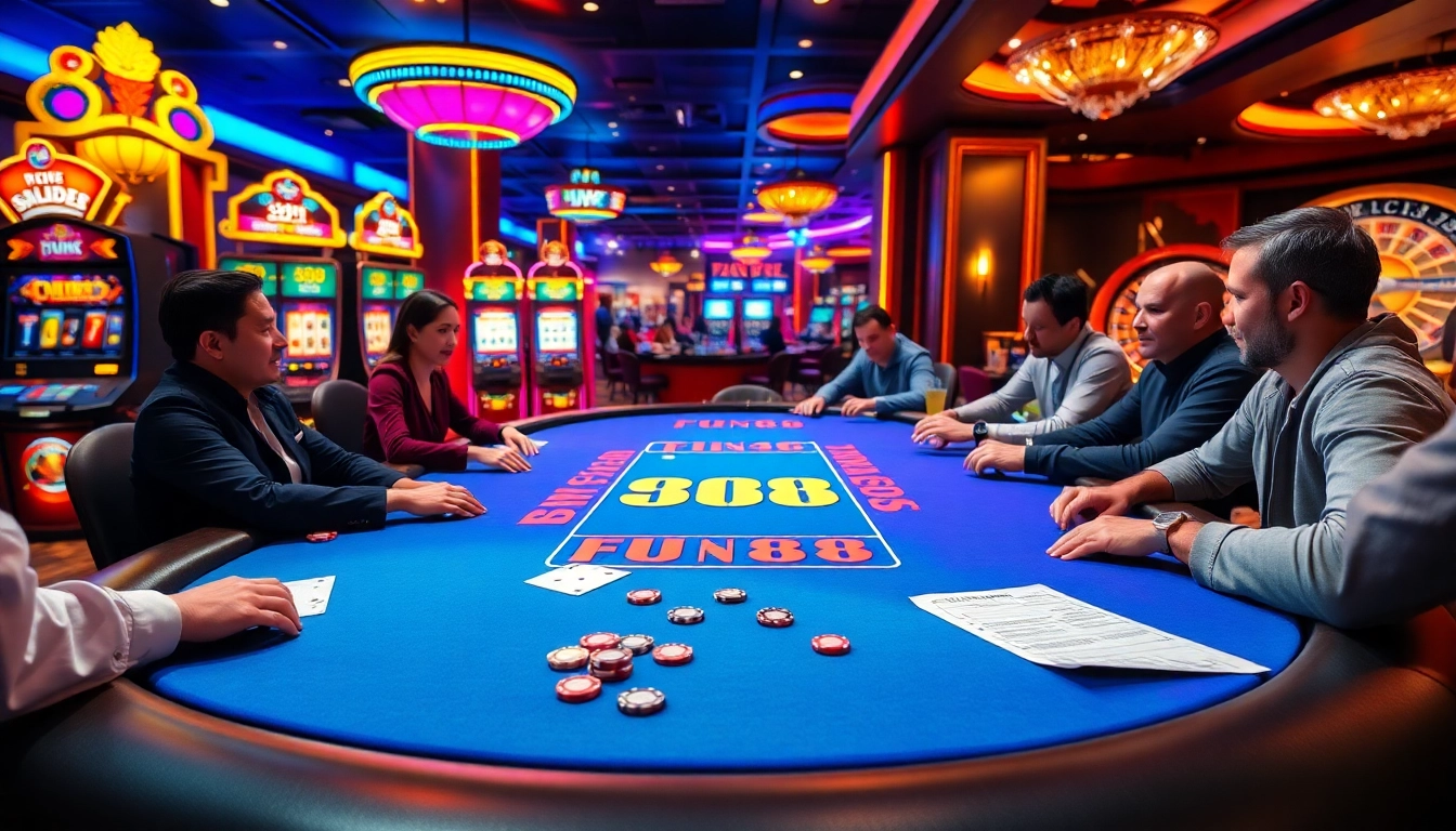 Engage in an exciting game at the luxurious FUN88 casino poker table surrounded by slot machines.