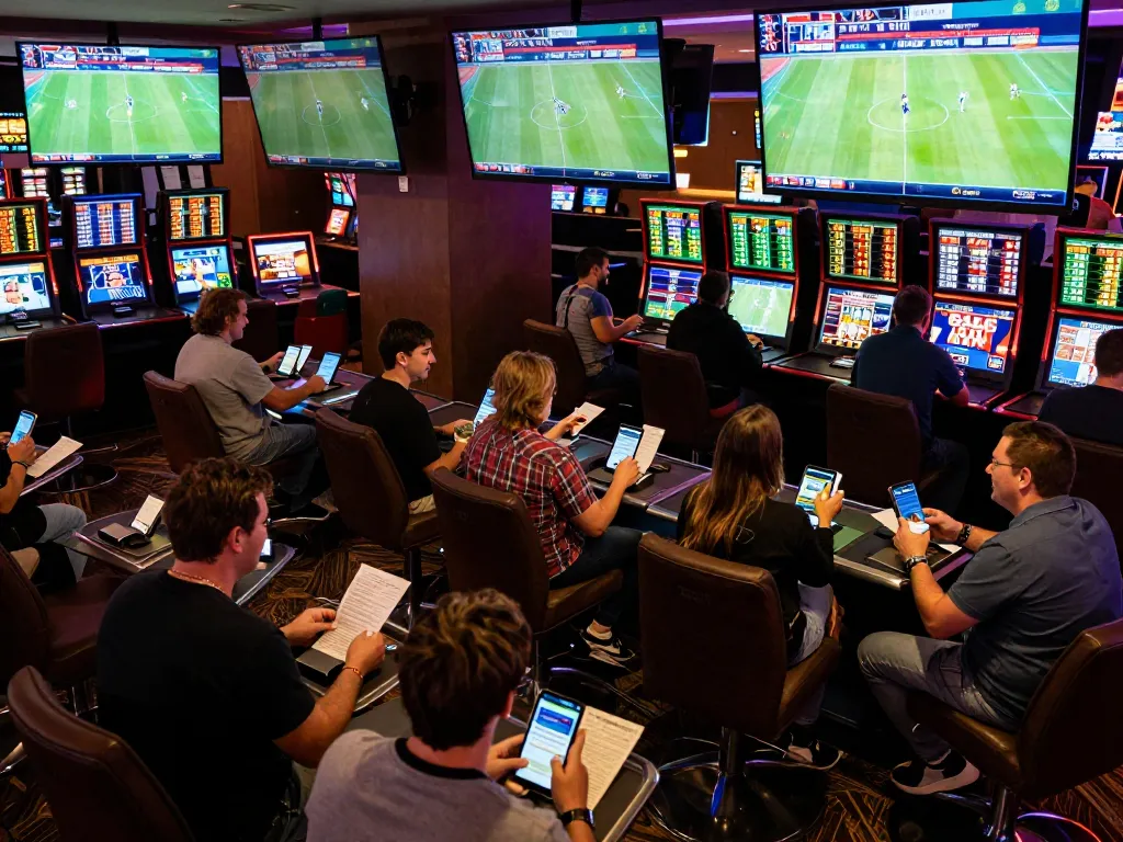 Active bettors enjoying sports betting at https://tx88at.com/ with screens and drinks in a vibrant lounge.