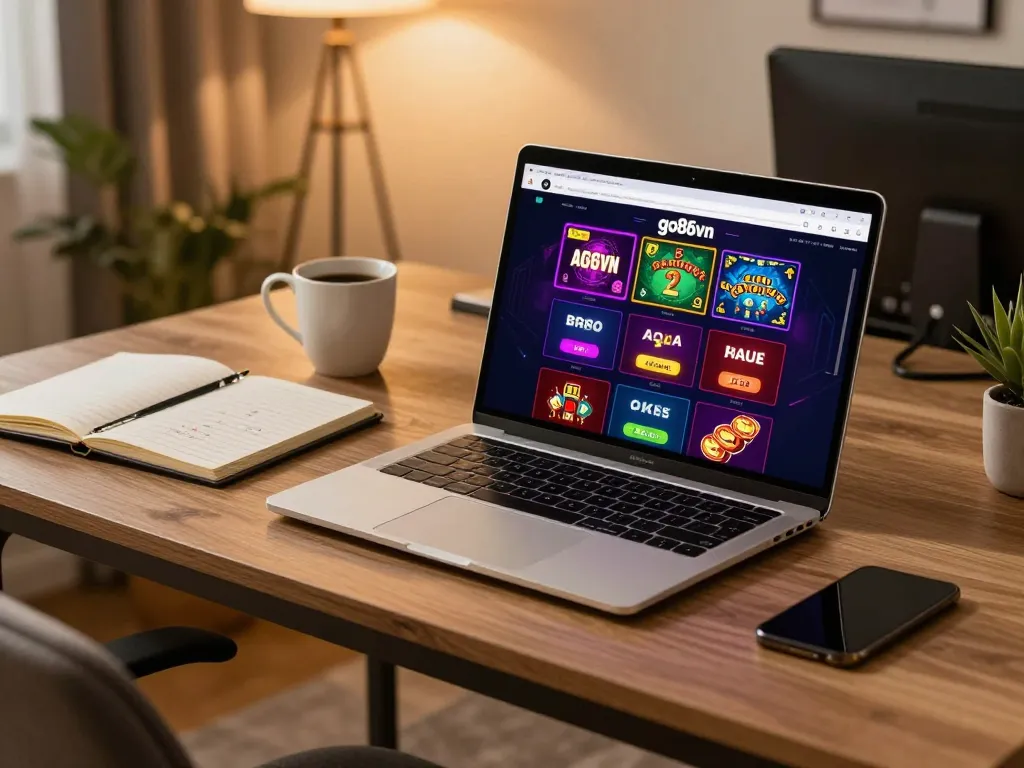Player engaging with the go86vn online casino platform on a laptop, featuring vibrant game visuals.