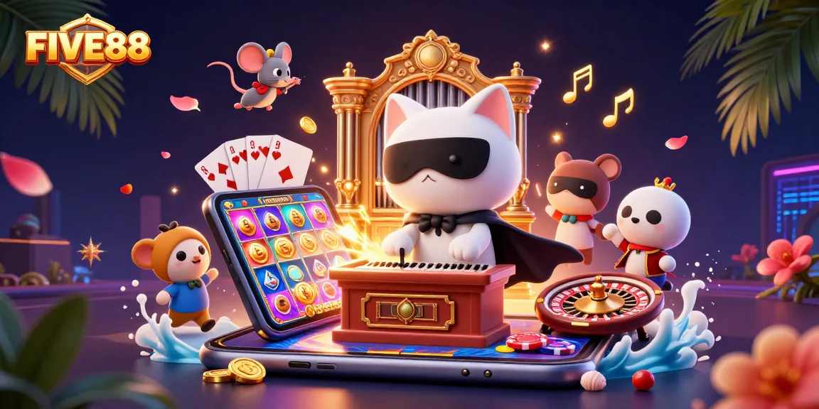 Interact with exciting FIVE88 games and features in this vibrant 3D casino illustration.