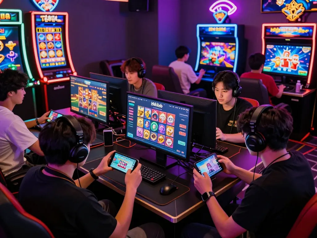 Players eagerly participating in exciting gameplay while tải game hitclub on mobile devices in a vibrant lounge.