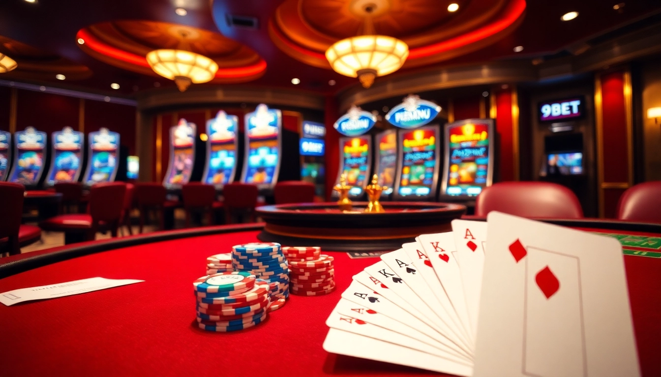 Experience the thrill of 9BET with a luxurious casino setting featuring poker chips and roulette.