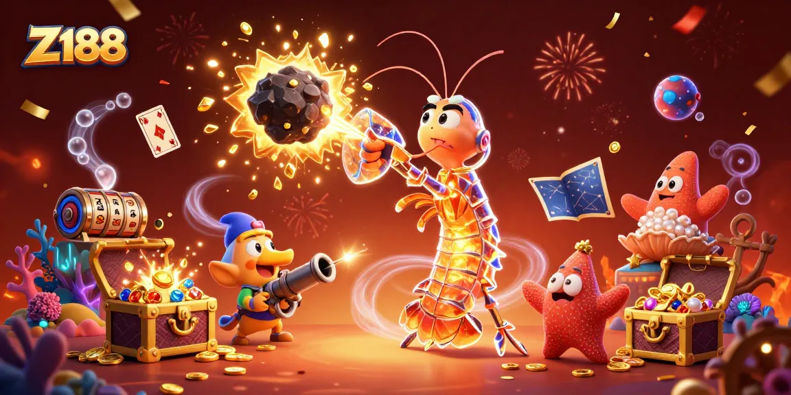 Z188 galactic samurai mantis shrimp breaks asteroids, amidst slots and colorful gems in an exciting casino scene.