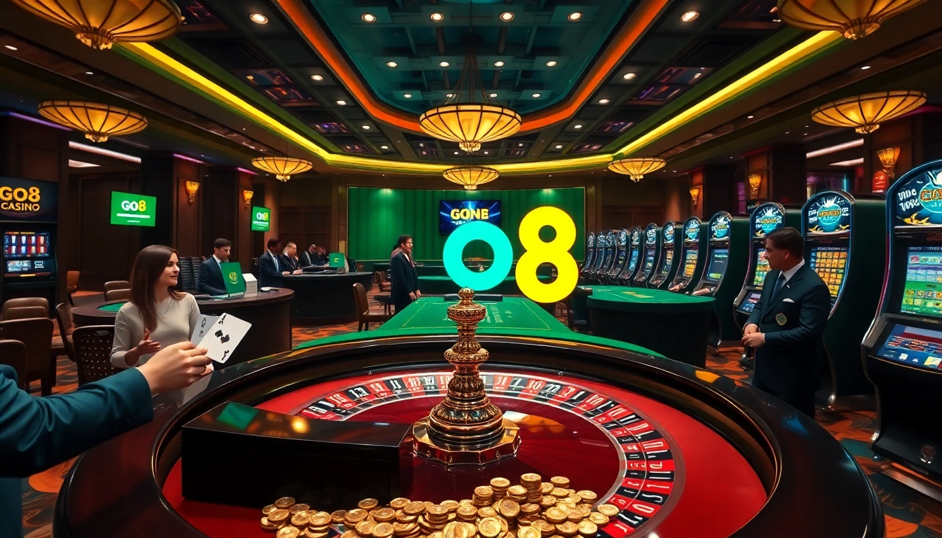 Players enjoying GO8's thrilling casino games, surrounded by vibrant casino visuals.